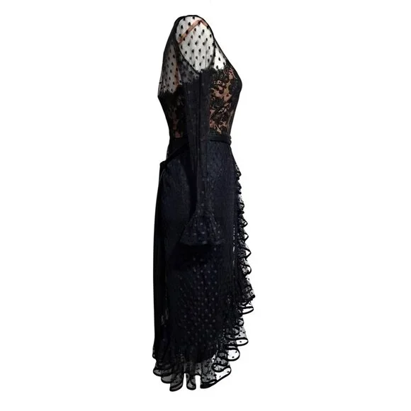Vintage 70s Jack Bryan Black Gothic Polka Dot Lace Ruffled Midi Dress Sz 4 Emo M - Picture 11 of 12